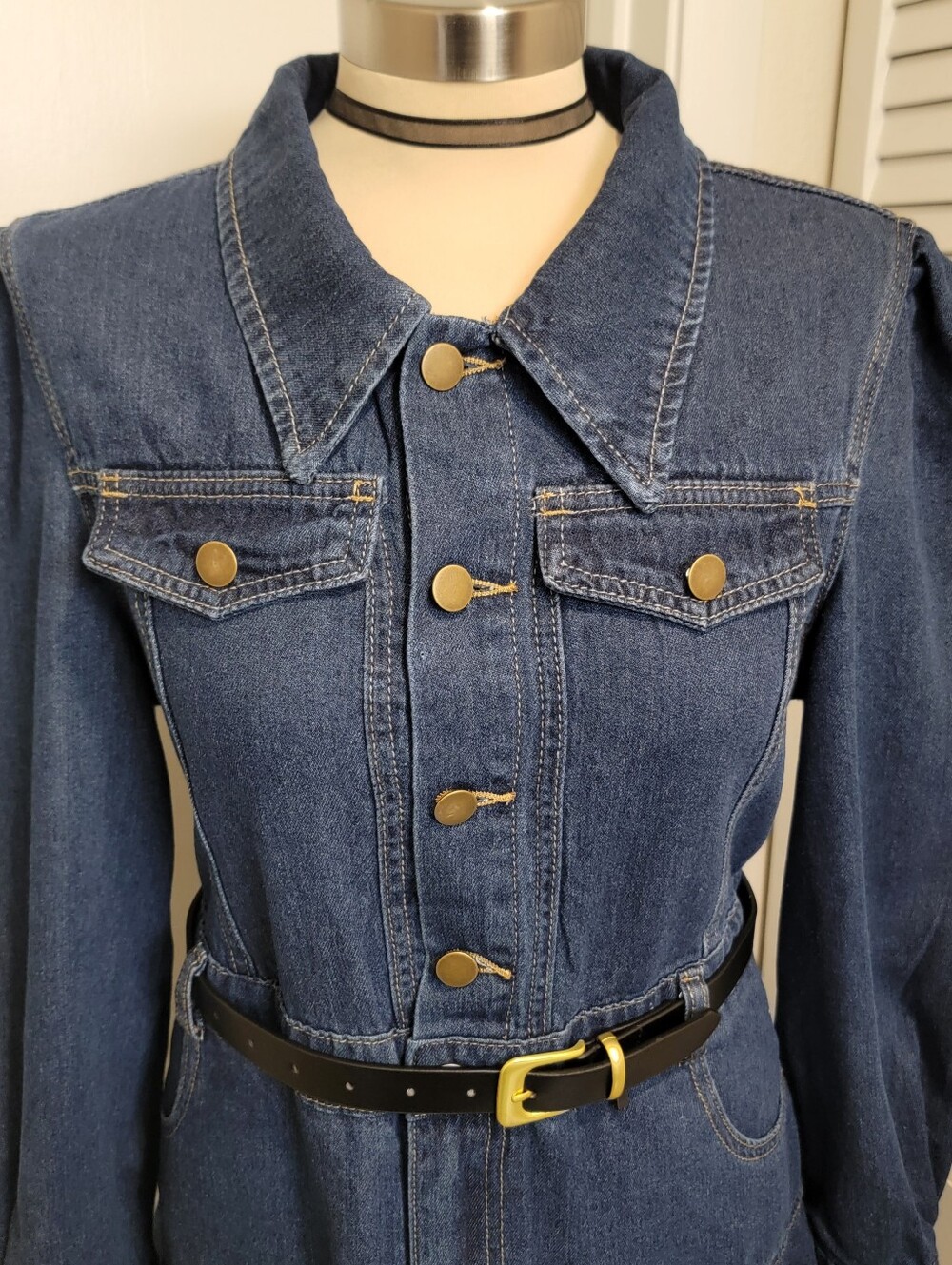 WD.NY Dark Blue Denim Long Sleeve Button-Front Dress with Belt NWT - Picture 4 of 6